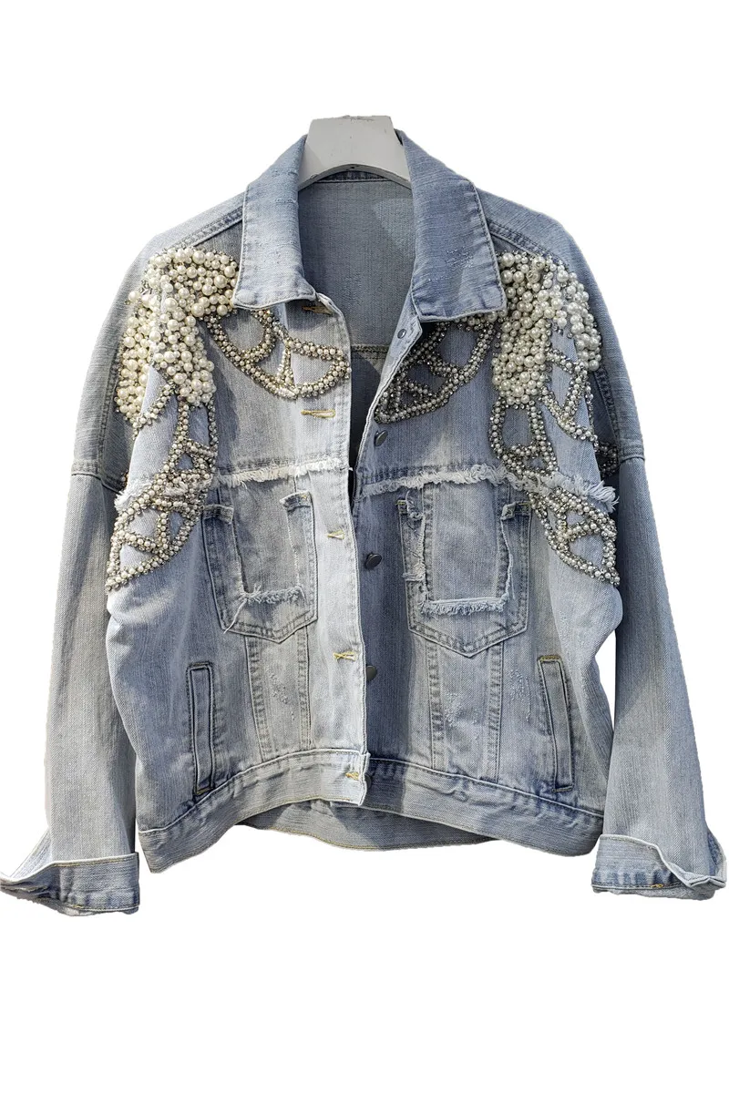 

Harajuku Beads Casual Denim Jacket Frayed Short Jeans Top Women 2021 Spring Fall Jean Jackets Girls Coats Students Loose Coat