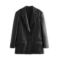 women fashion faux leather loose blazer coat vintage long sleeve flap pockets female outerwear chic veste femme