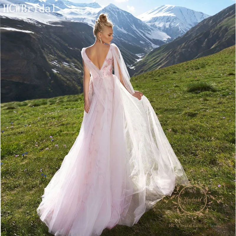 

New Arrival Pink Long Evening Dress V Neck Lace Tulle Sexy Wedding Party Dresses Women Prom Gowns Robe De Soiree Custom Made