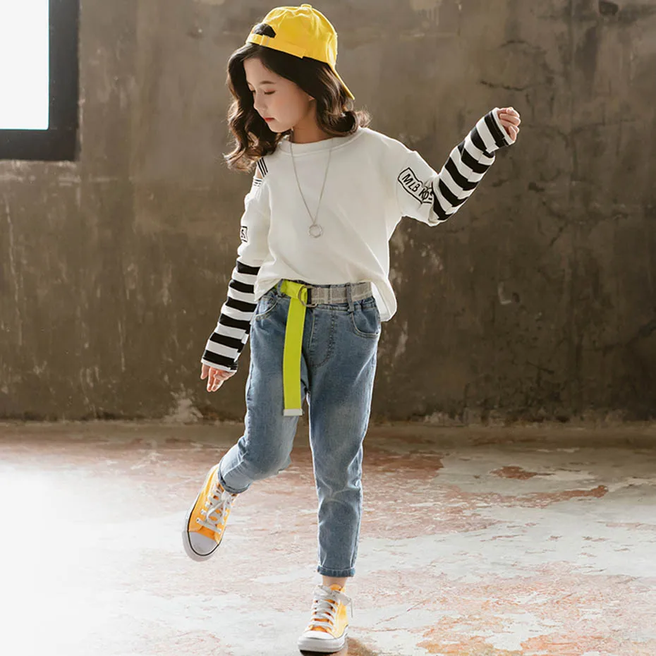 Джинсы для больших девочек однотонные джинсы детские узкие джинсовые штаны