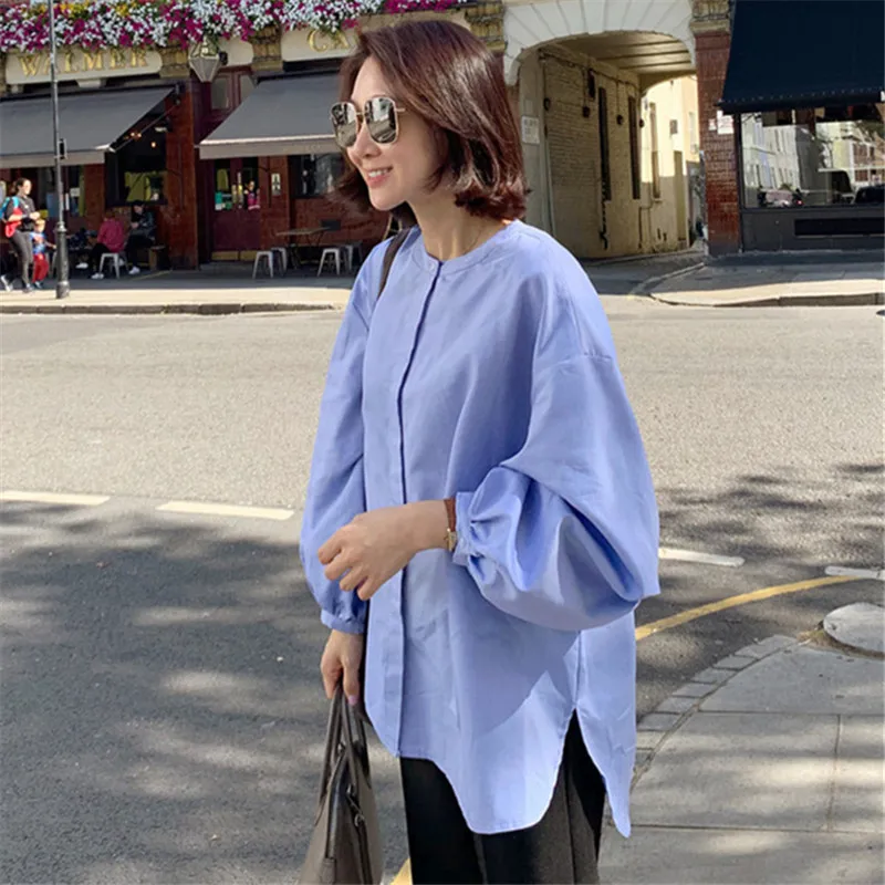 

SuperAen New Korean Solid Simple O Neck Long Loose Plus Size Casual Lantern Sleeve College Style Women Blouses