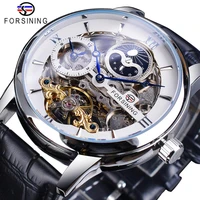 forsining dual time zone skeleton white dial waterproof moon phase genuine leather band tourbillon automatic mechanical watch