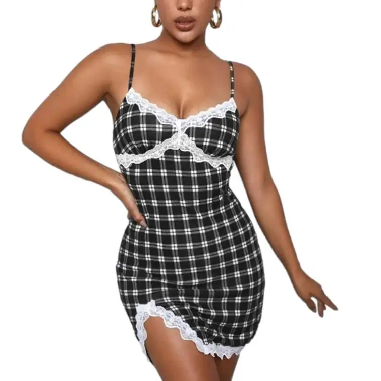 

Women’s Summer Sheath Sexy Suspender Short Dress Fashion Plaid Print Flounce V-neck Split Tight Dress