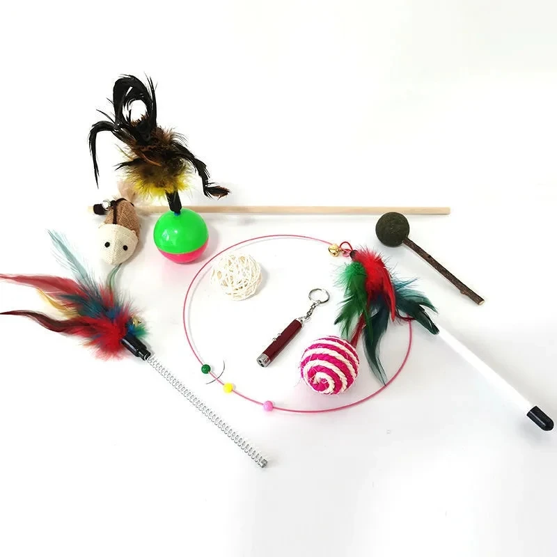 

10PCS Pet Cat Toys Cat Feather Toy Set Cat Mouse Sisal Catnip Bell Ball Polygonum Stick Queaky Paper Tassels Teaser Stick SET
