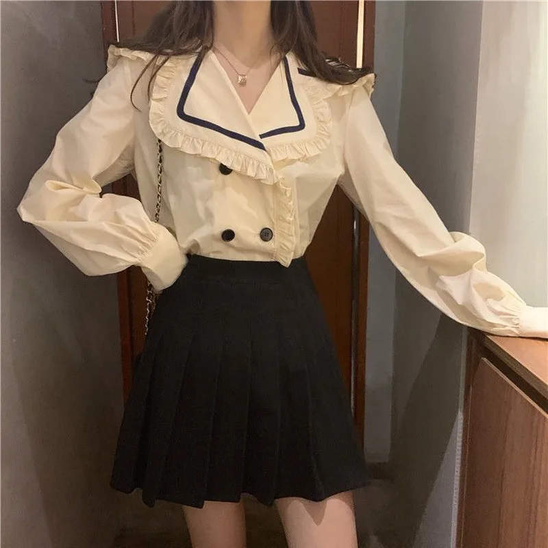 Shirts Women Vintage Patchwork Lantern Sleeve Sailor Collar European Style College Double Breasted Loose Casual Large Size | Женская