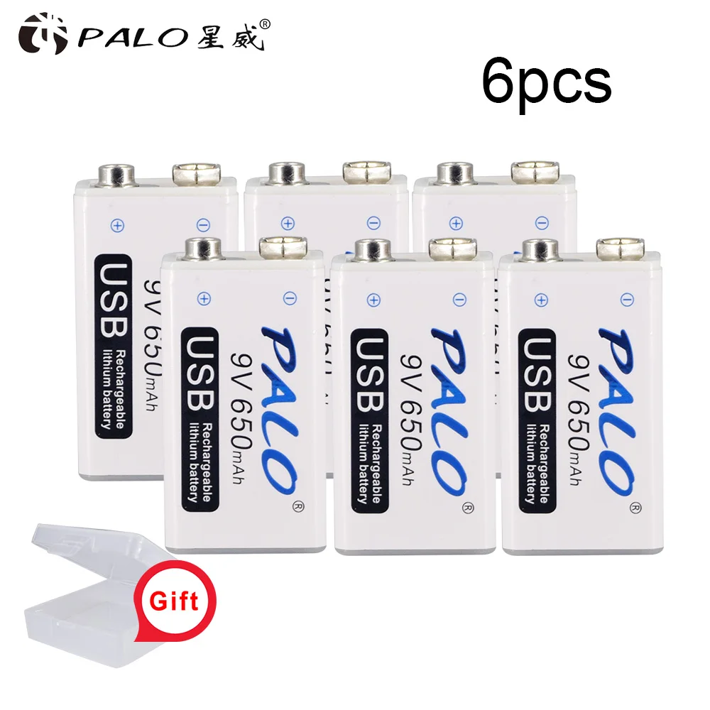 PALO 9V USB перезаряжаемые литиевые батареи батарея 650mah 9v bateria usb для рации Домашний Массажер металлический обнаружитель - Цвет: 6pcs