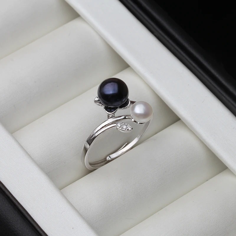 Купи Black White Natural Freshwater Double Pearl Rings For Women, Cute Adjustable 925 Sterling Silver Pearl Finger Ring Wedding Gift за 290 рублей в магазине AliExpress
