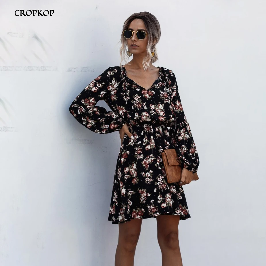 Женское винтажное платье с длинным рукавом короткое Повседневное цветочным
