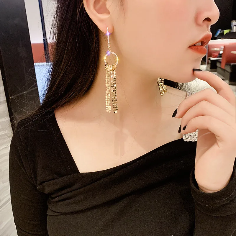FYUAN длинные висячие серьги со стразами для женщин Bijoux золотистого и серебряного
