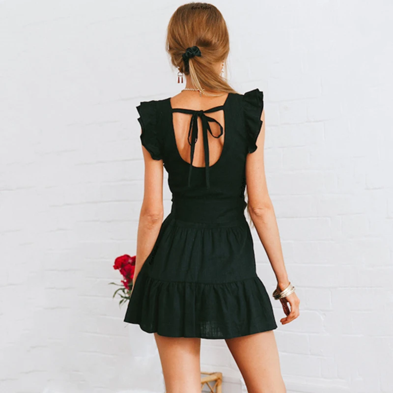Платье BornToGirl женское с круглым вырезом пикантное без рукавов оборками черный