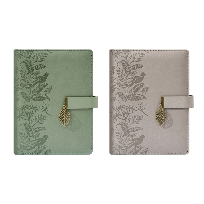 

J60A A5 Loose-leaf Scrapbook Journal Notepad Leaves Pendant Personal Diary Refillable Travel Journal w/ Magnetic Clasp