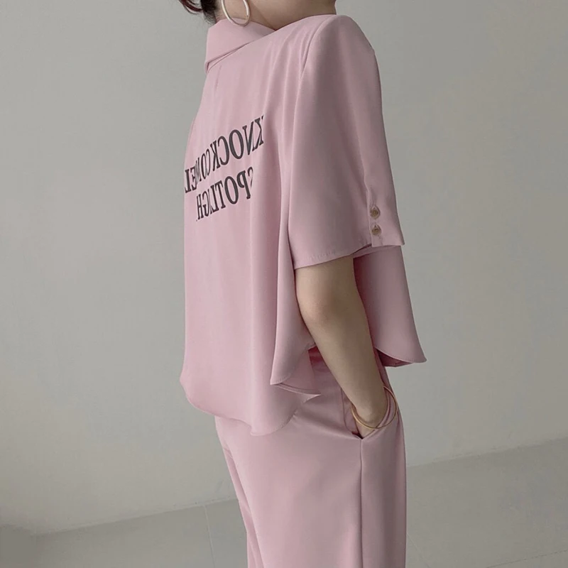 

Korean chic French lapel loose back printed letter coat + high waist wide leg trousers and trousers two-piece suit