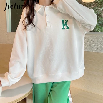 Jielur Autumn Polo Women Hoodies Korean Fashion Streetwear Casual Loose Cool Buttons Letter Print Gray White Black Sweatshirt 1