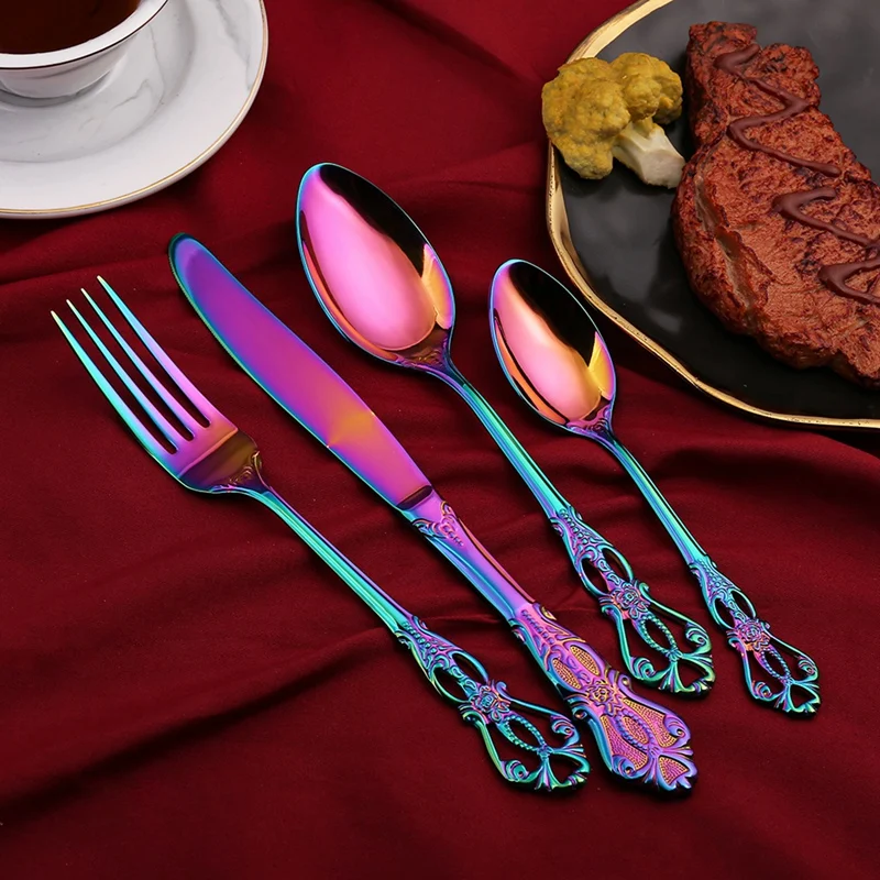 

1 pcs Vintage Western Gold Plated Cutlery Dining Knives Forks Teaspoons Golden Luxury Dinnerware Engraving Tableware Kitchen