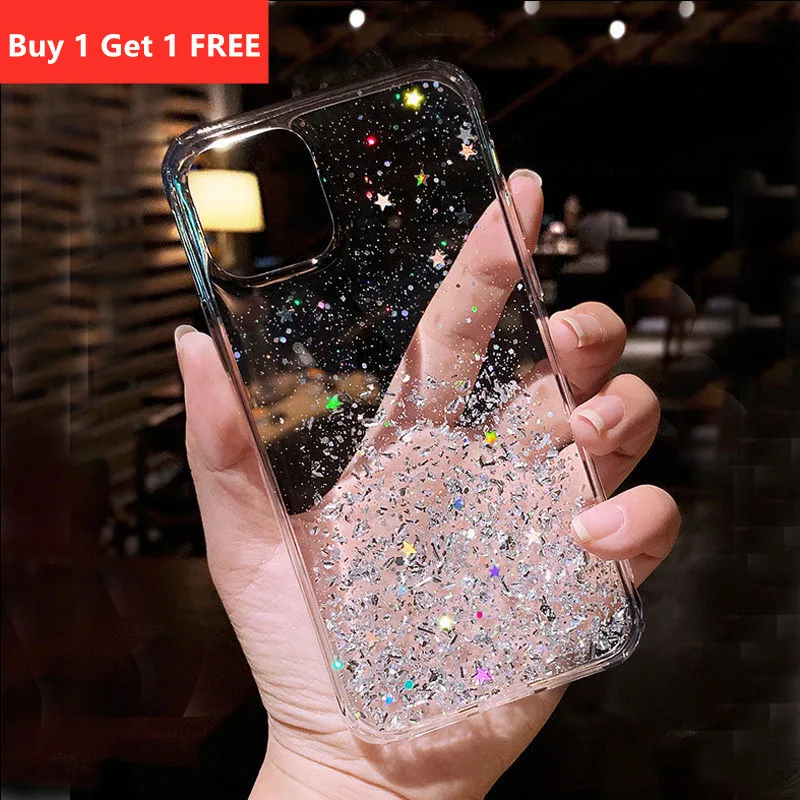 Блестящий силиконовый чехол со звездами для iPhone 11 Pro X XR XS Max 7 8 6 6s Plus Прозрачный