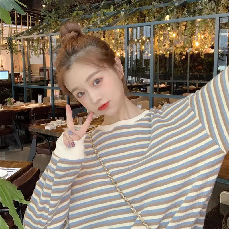 

Long Sleeve T-shirts Women Sweet O-Neck College BF Spring Teens Korean Fashion Ins Harajuku Striped Design Tees All-match Daily