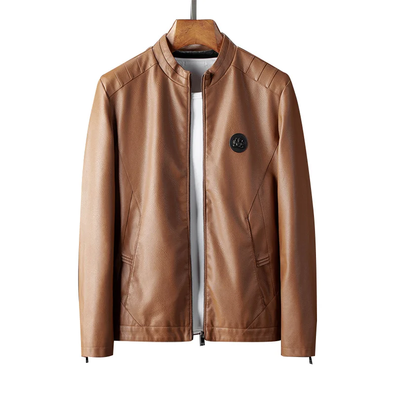 Мужская кожаная куртка с воротником стойкой на молнии Повседневная однотонная