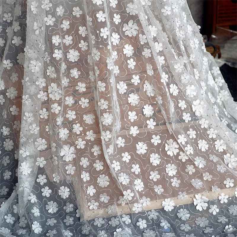

1.5m Wide 3D Embroidered Sequin Fabric Off White Mesh Lace Garment Fabric DIY Wedding Dress Fabric