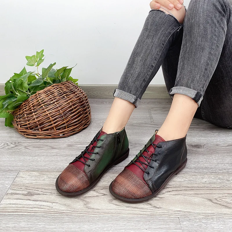 

YourSeason Ladies Genuine Leather Work Shoes Mixed Colors Lace Up Round Toe Flat With Female Ankle Platform Zipper Boots