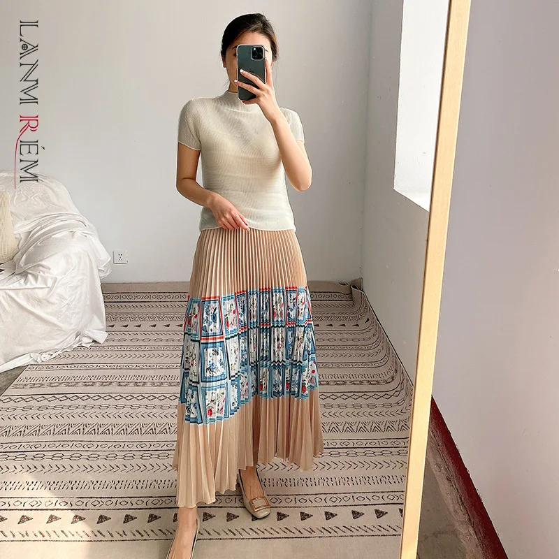 

LANMREM Женская юбка с принтом 2022 летняя эластичная плиссированная юбка с высокой талией Женская длинная уличная мода 2D1576