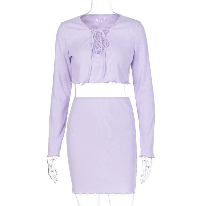 

Women Long Sleeve + Short Skirt Casual Sets Solid Color Homewear Holiday Fashion 2pieces Suits Outfits Clothing