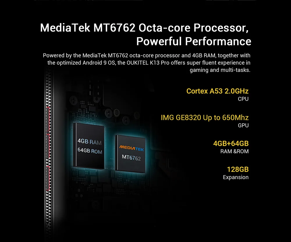 Аккумулятор 11000 мАч, OUKITEL K13 Pro, 4G, 6,41 дюйма, мобильный телефон, Android 9,0, четыре ядра, 4 Гб ram, 64 ГБ rom, 16 МП, задняя камера, смартфон