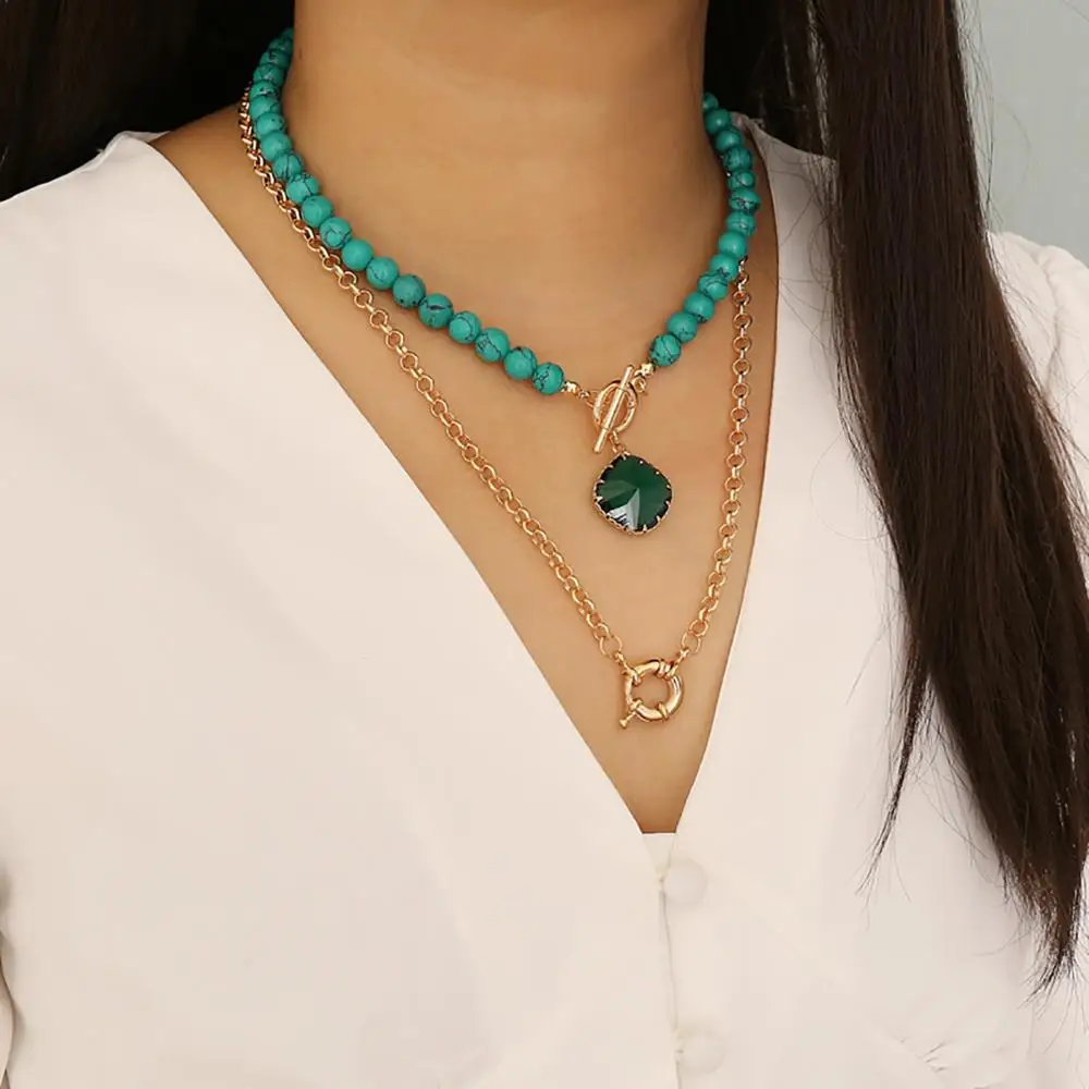 

Doreen Box Vintage Women Copper Gold Color Heart Pendant Necklace Green Rhinestone Beads Elegant Party Club Collar Jewelry