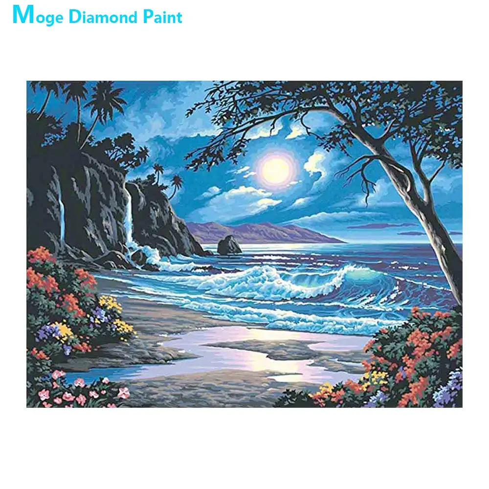 

Moon Beach Sea Scenery Diamond Painting Scenic Round Full Drill Nouveaute DIY Mosaic Embroidery 5D Cross Stitch Home Decor Gifts