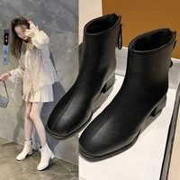boots women new 2021 round toe zipper shoes mid calf low ladies rock mid calf rubber white riding autumn rome slip on fabric mo