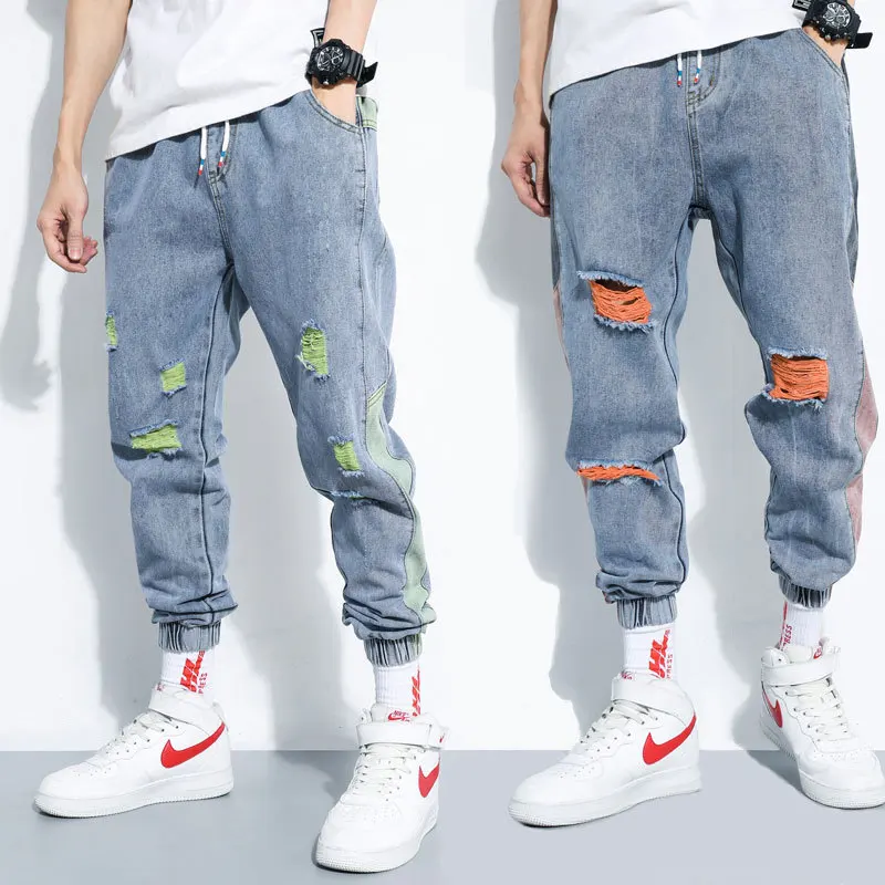 

2021 Autumn New Casual Loose Hole Jeans Men's Girdle Feet Increase Hong Kong Style Harlan Casual Casas Jeans Brand Men's Wear 5X