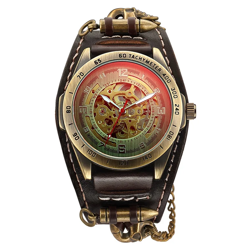 159569BROWN Модные часы в стиле стимпанк, мужские винтажные часы, мужские автоматические механические наручные часы, часы с бронзовым скелетом, спортивные мужские часы - Цвет: 159569BROWN