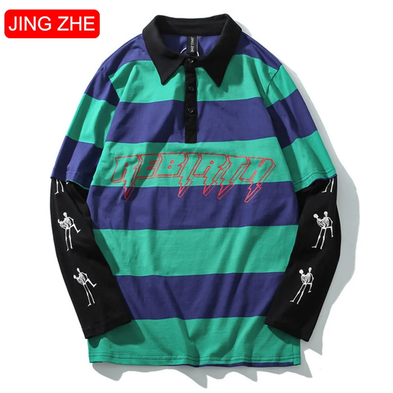 

Толстовка JING ZHE High Street Мужская в полоску, пэчворк, пуловер из 2 предметов, свитшот с отложным воротником, джемпер в стиле Харадзюку