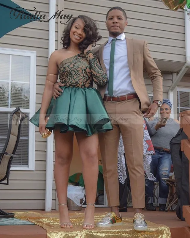 2020 изумрудно-зеленое короткое платье на одно плечо для выпускного вечера