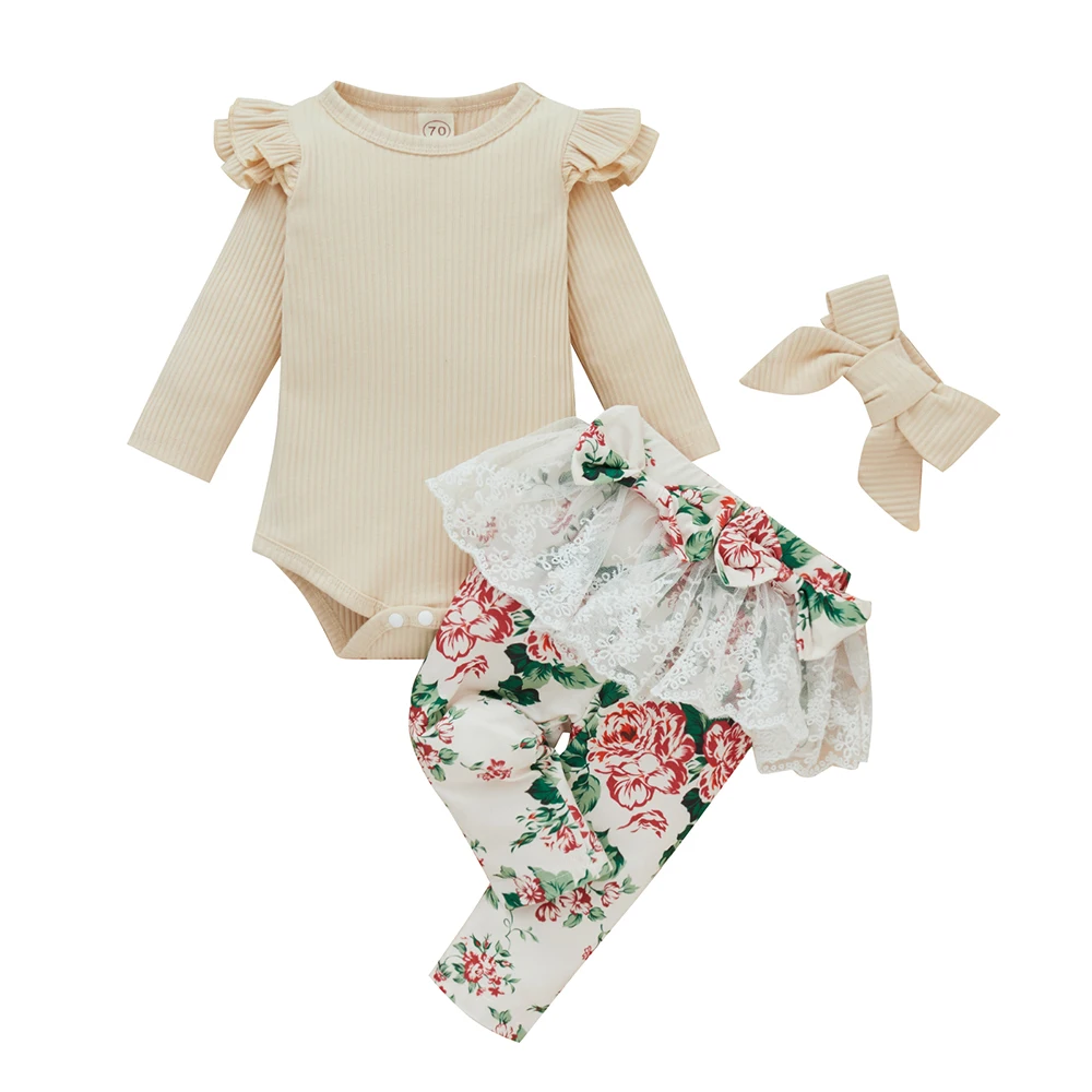 

Newborn Girls Fashion Pants Floral Cotton Bow Long Sleeve Pullover Lace Spring Autumn Round Neck Knitted Romper 3 Piece Set