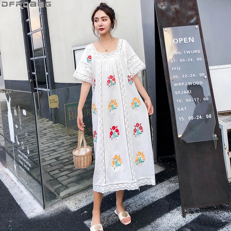 Женское свободное платье Бохо с цветочной вышивкой абрикосовое белое кружевное