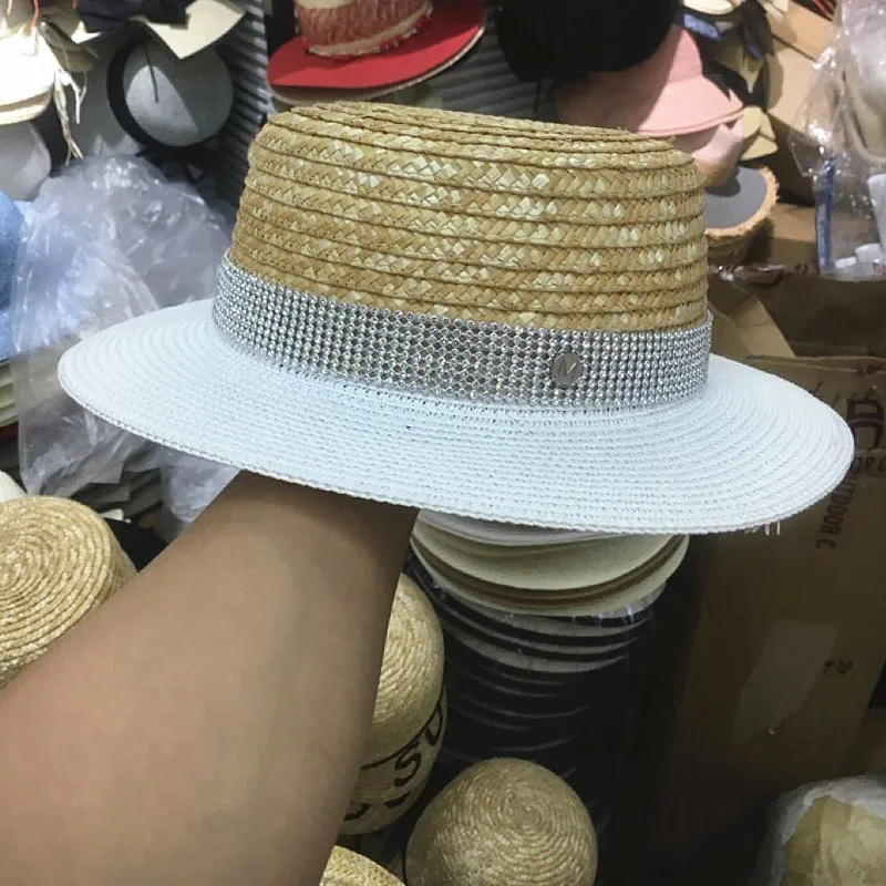Высокое качество соломенные шляпы для женщин канотье шапки Стразы буквы с