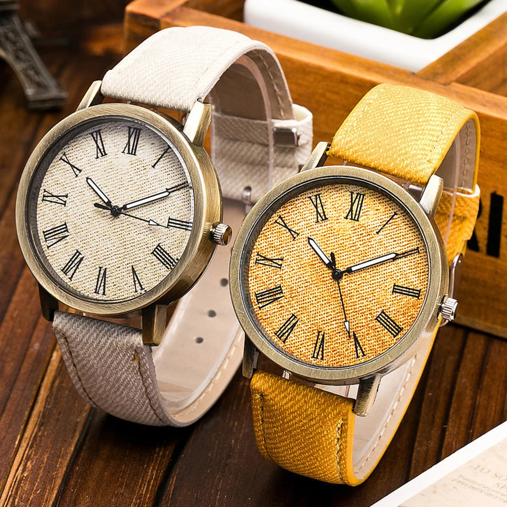 

Canvas Pattern Steel Watch Bottom European and American Trend Multi Color Leather Strap Young Girl Simple Clock
