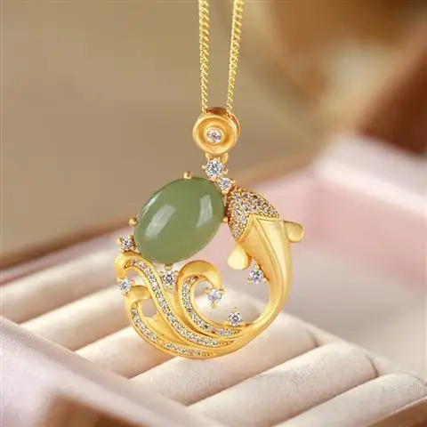

S925 Sterling Silver Inlaid Hetian Jade Gray Jade Years Old Fish Pendant Classical Temperament Clavicle Chain Pendant Jewelry La