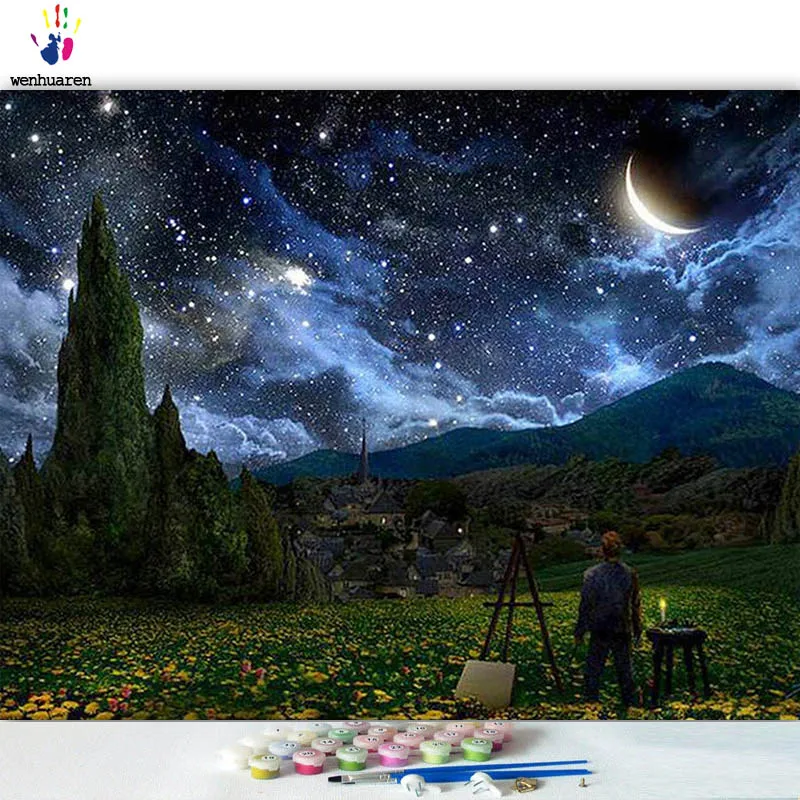 DIY картинки для раскраски по номерам с цветами под звездами картина Рисование