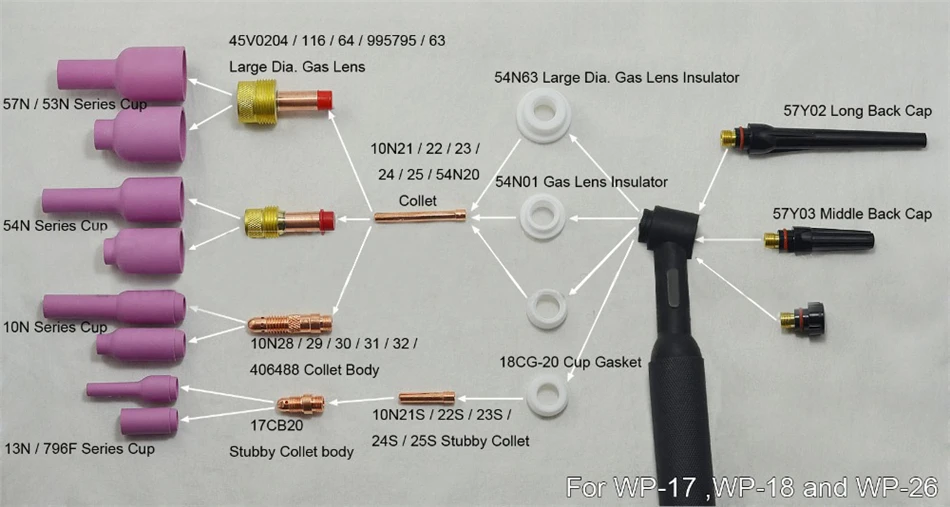 TIG комплект расходников большой диаметр газовых линз Коллет тела 45V64 Fit сварочный