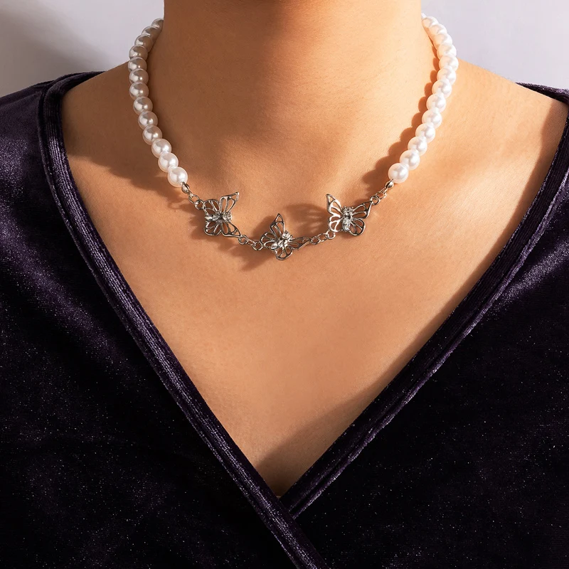 

HuangTang Boho Hollow Butterfly Pearl Choker Necklace for Women Charming Crystal Bead Necklace Jewelry Gift Collares 17356