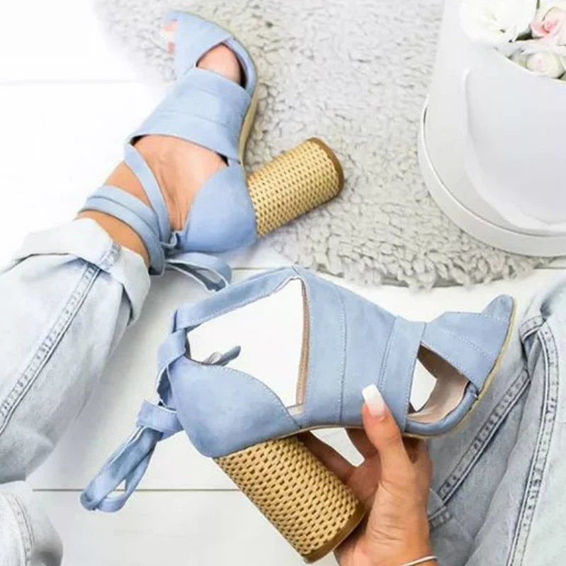 Сандалии женские из флока босоножки на платформе и толстом высоком каблуке с