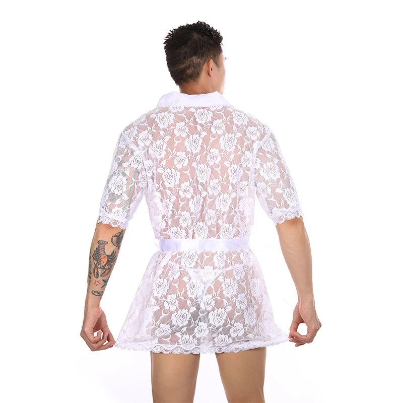 S-2XL Men Lace See-Through Floral Loose T-back Belt Long Nightgown Sleepwear Smooth Comfortable Short Sleeve Bathrobe