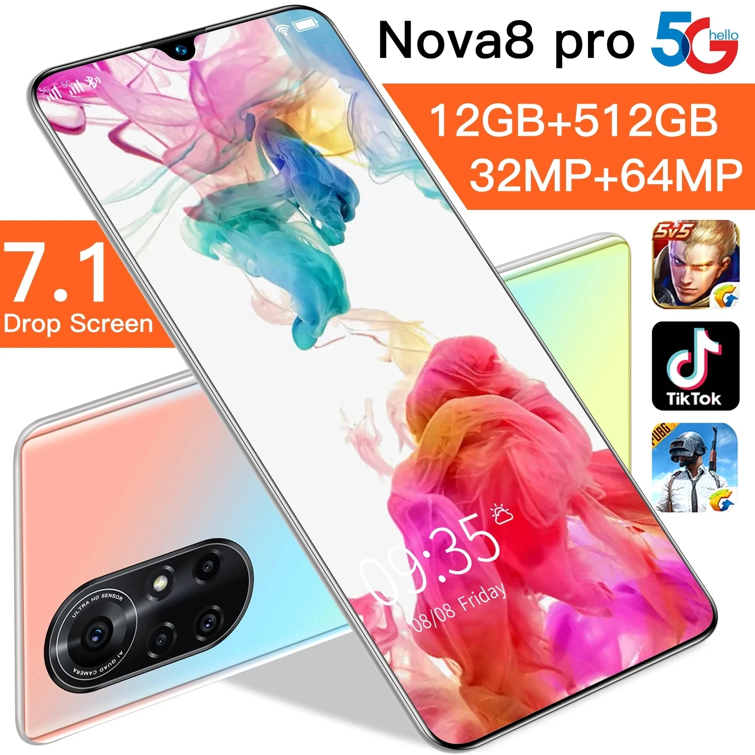 

Global Version Smartphone Nova 8 Pro 12GB+512GB 7.1 Inch Full Screen Smart Phone 32MP+64MP Camera Cell Phone Fast Shipping Phone