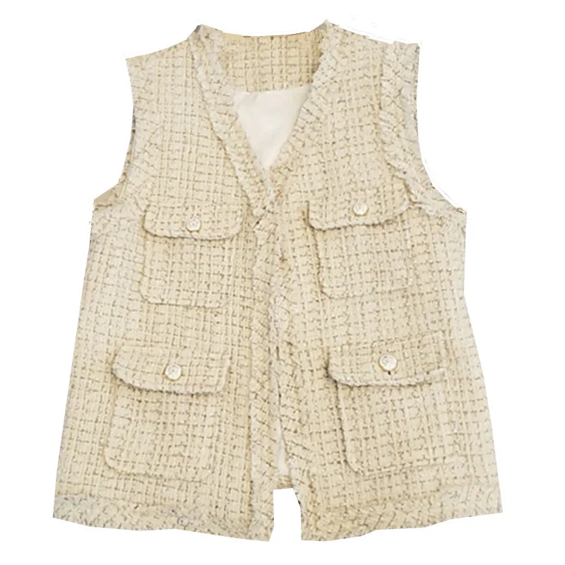 

Women Plaid Tweed Vest Autumn Spring Sweet Ladies Tassels Pockets Sleeveless Jacket Top Outerwear Drop Free Shipping