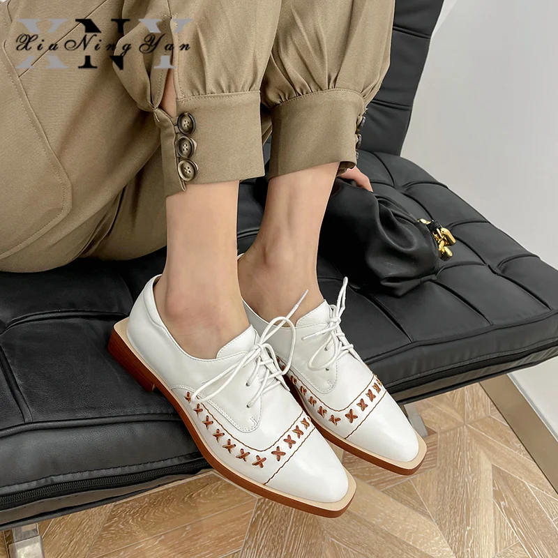 

Women Flat Shoes 2021 Genuine Leather Sneakers Laces Spring Brogues Ladies Summer Shoes Woman Gladiator Square Toe Oxford Shoes