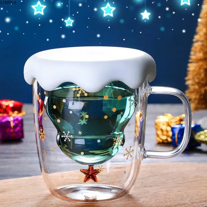 

300ML Double Layered Anti Scald Glass Christmas Tree Starry Sky Coffee Mug Thermal Insulation Breakfast Milk Cup Children's Gift
