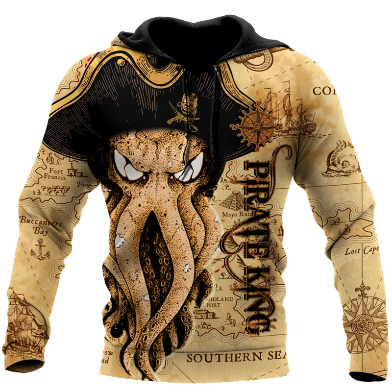 

Fashion Octopus pirate king Unisex casual Harajuku Hoodie hip hop Street Harajuku Sweatshirt printed 3D zipper Hoodie