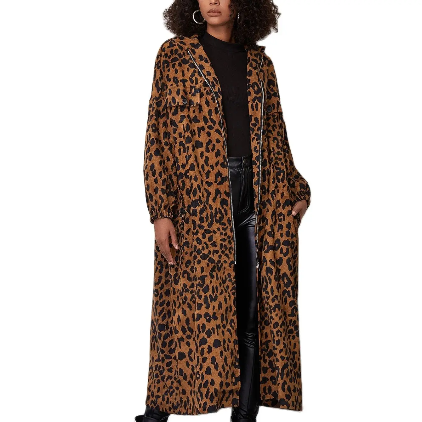 

Leopard Print Windbreaker for Women's Wear Lady's Wind Coat Fashionable Outerwear with Zipper for Show Off