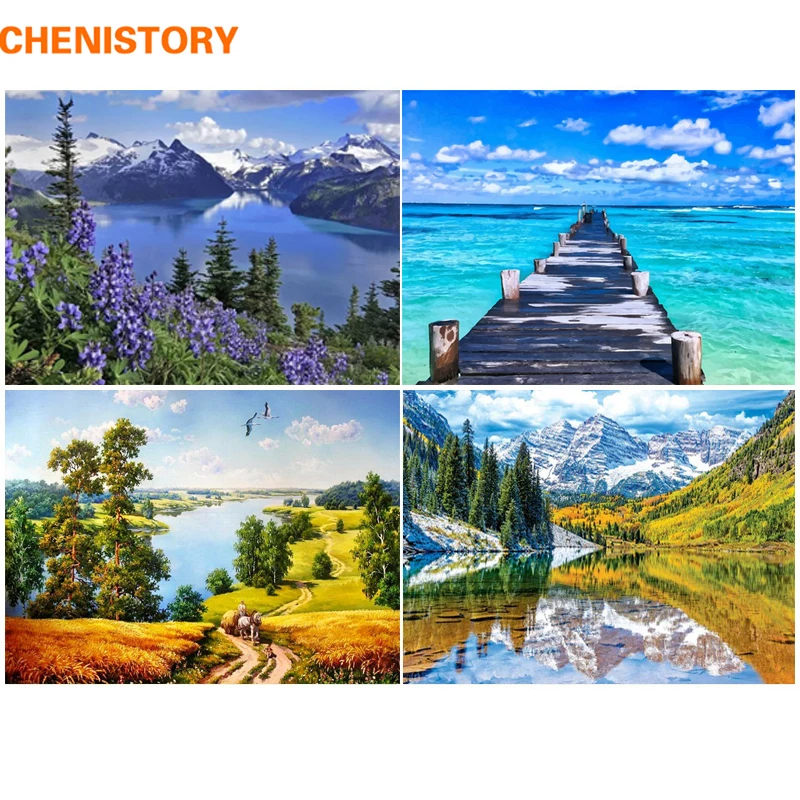 CHENISTORY Frame DIY картина по номерам Сельский пейзаж озера Каллиграфия Живопись Раскраска по номерам подарок для домашнего декора 60x75
